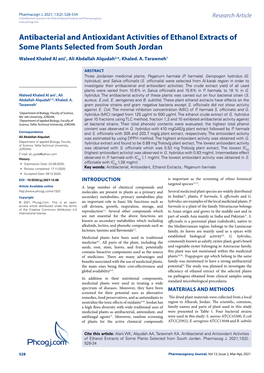 Phcogj.Com Antibacterial and Antioxidant Activities of Ethanol Extracts of Some Plants Selected from South Jordan