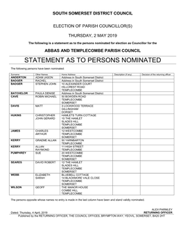 Statement As to Persons Nominated