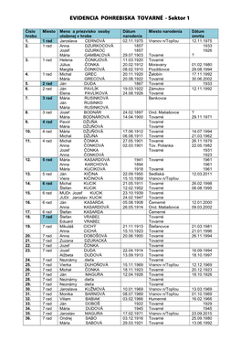 EVIDENCIA POHREBISKA TOVARNÉ - Sektor 1