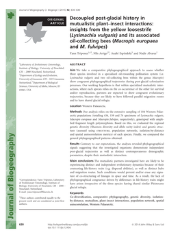 Insect Interactions: Insights from the Yellow Loosestrife (Lysimachia Vulgaris) and Its Associated Oil-Collecting Bees (Macropis Europaea and M