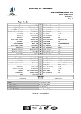 Argentina U20s V Georgia U20s World Rugby U20 Championship Team Sheets