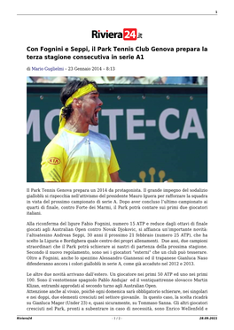 Con Fognini E Seppi, Il Park Tennis Club Genova Prepara La Terza Stagione Consecutiva in Serie A1