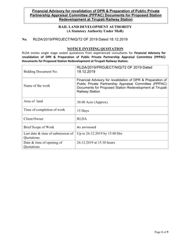 Financial Advisory for Revalidation of DPR & Preparation of Public Private Partnership Appraisal Committee (PPPAC) Documents