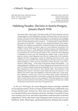 Habsburg Paradox: Decision in Austria-Hungary, January-March 1918