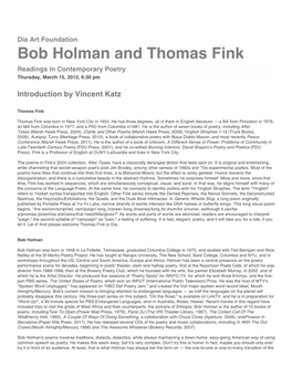 Bob Holman and Thomas Fink Readings in Contemporary Poetry Thursday, March 15, 2012, 6:30 Pm