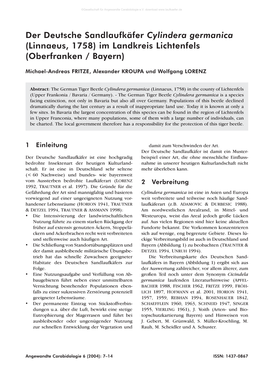 Der Deutsche Sandlaufkäfer Cylindera Germanica (Linnaeus, 1758) Im Landkreis Lichtenfels (Oberfranken / Bayern)
