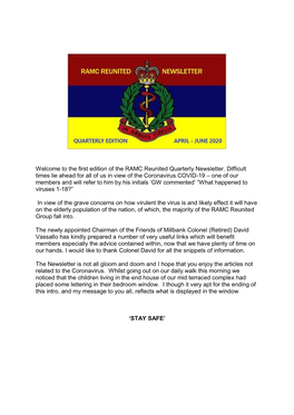 The First Edition of the RAMC Reunited Quarterly Newsletter. Difficult Times