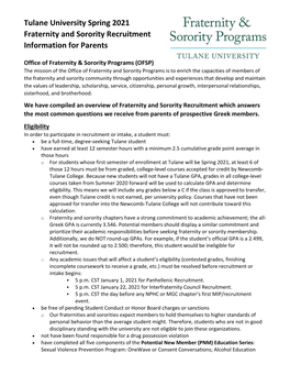 Tulane University Spring 2021 Fraternity and Sorority Recruitment Information for Parents