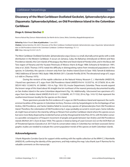 Discovery of the West Caribbean Ocellated Geckolet, Sphaerodactylus Argus (Squamata: Sphaerodactylidae), on Old Providence Island in the Colombian Caribbean