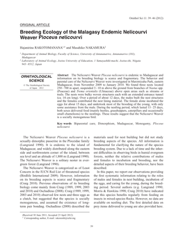 Breeding Ecology of the Malagasy Endemic Nelicourvi Weaver Ploceus Nelicourvi