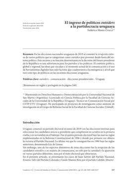 El Ingreso De Políticos Outsiders a La Partidocracia Uruguaya