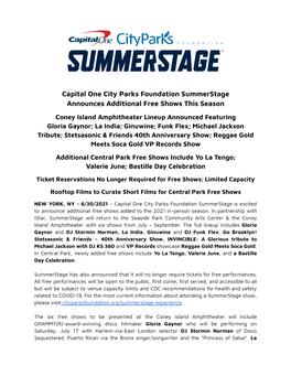 Summerstage Announces Additional Free Shows This Season