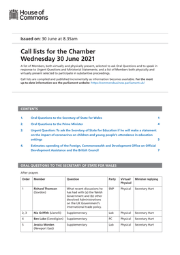 Call Lists for the Chamber Wednesday 30 June 2021