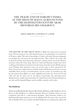 The Tragic End of Darghut Pasha at the Siege of Malta As Recounted by the Eighteenth-Century Arab Historian Ibn Ghalboun