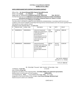 CENTRAL COALFIELDS LIMITED BARKA SAYAL AREA SUPPLY ORDER AGAINST RATE CONTRACT OR RUNNING CONTRACT Office of the :- Dy. General