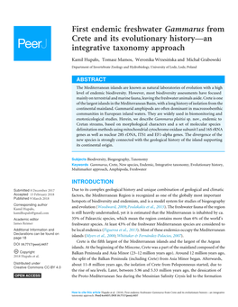 First Endemic Freshwater Gammarus from Crete and Its Evolutionary History—An Integrative Taxonomy Approach