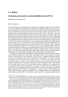 A. J. Aitken Variation and Variety in Written Middle Scots (1971)1