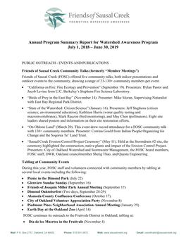 Annual Program Summary Report for Watershed Awareness Program July 1, 2018 – June 30, 2019