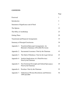 CONTENTS Page Foreword 1 Introduction 3 Statement of Significance and of Need 7 the Options 13 the Office of Archbishop 23 Ge