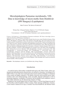 Microlepidoptera Pannoniae Meridionalis, VIII. Data to Knowledge of Micro-Moths from Dombóvár (SW Hungary) (Lepidoptera)