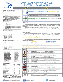 2014 Texas A&M-Kingsville Football Game Notes