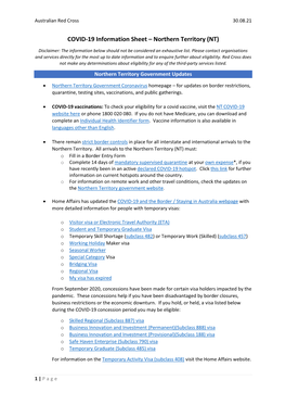 COVID-19 Information Sheet – Northern Territory (NT)