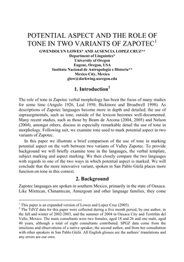 Potential Aspect and the Role of Tone in Two Variants of Zapotec in Proto-Zapotec Phonology Have Been Discussed by Swadesh (1947), Amongst Others