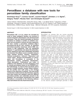 Peroxibase: a Database with New Tools for Peroxidase Family Classification Dominique Koua1,2, Lorenzo Cerutti1, Laurent Falquet3, Christian J