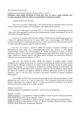 Deliberazione Della Giunta Regionale 20 Luglio 2018, N. 22-7247 Definizione Degli Ambiti Territoriali Di Scelta Dell' ASL AT