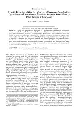 Acoustic Detection of Oryctes Rhinoceros (Coleoptera: Scarabaeidae: Dynastinae) and Nasutitermes Luzonicus (Isoptera: Termitidae) in Palm Trees in Urban Guam