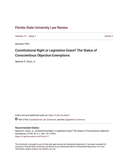 Constitutional Right Or Legislative Grace? the Status of Conscientious Objection Exemptions