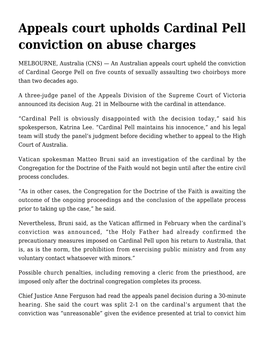 Appeals Court Upholds Cardinal Pell Conviction on Abuse Charges
