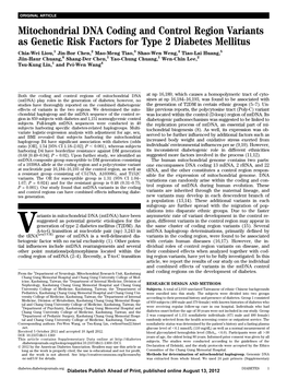 Mitochondrial DNA Coding and Control Region Variants As Genetic