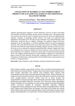 UTILIZATION of BAMBOO AS NON-TIMBER FOREST Products by KALAODI VILLAGERS in the INDONESIAN ISLAND of TIDORE