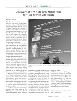 Discovery of HIV Nets 2008 Nobel Prize for Two French Virologists