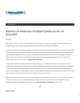 Alliance of American Football Games to Air on Siriusxm