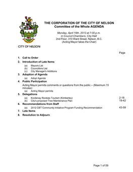 THE CORPORATION of the CITY of NELSON Committee of the Whole AGENDA