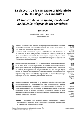 Le Discours De La Campagne Présidentielle 2002: Les Slogans Des Candidats El Discurso De La Campaña Presidencial De 2002: Los Slogans De Los Candidatos