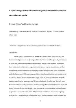 Ecophysiological Steps of Marine Adaptation in Extant and Extinct Non-Avian Tetrapods