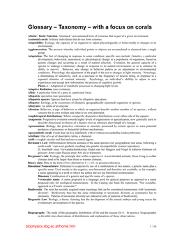 Glossary – Taxonomy – with a Focus on Corals