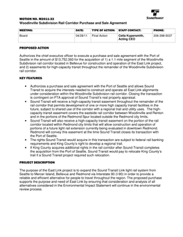 MOTION NO. M2011-33 Woodinville Subdivision Rail Corridor Purchase and Sale Agreement PROPOSED ACTION Authorizes the Chief Execu