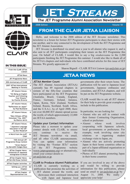 JET Streams the JET Programme Alumni Association Newsletter 2008 Edition Volume 18 from the CLAIR JETAA LIAISON