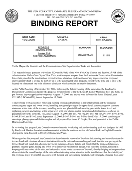 Binding Report for Central Park, Manhattan, Docket 072573