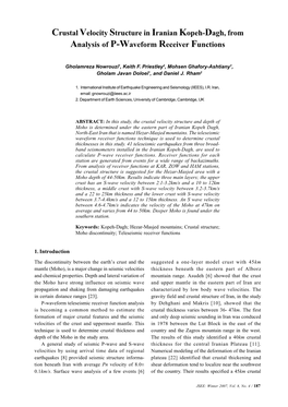 Crustal Velocity Structure in Iranian Kopeh-Dagh, from Analysis of P-Waveform Receiver Functions