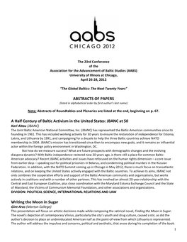 ABSTRACTS of PAPERS a Half Century of Baltic Activism in the United States