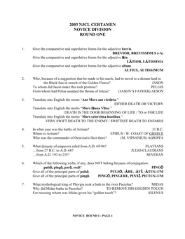 2003 Njcl Certamen Novice Division Round One