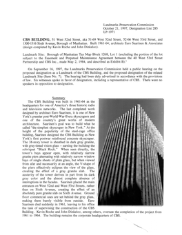 CBS BUILDING, 51 West 52Nd Street, Aka 51-69 West 52Nd Street, 52-66 West 53Rd Street, and 1300-1316 Sixth Avenue, Borough of Manhattan