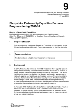 Shropshire Partnership Equalities Forum – Progress During 2009/10