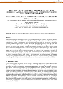 Construction, Management and Visualization of 3D Models of Large Archeological and Architectural Sites for E-Heritage Gis Systems