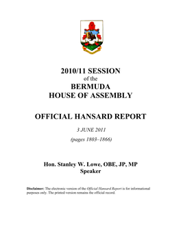 2010/11 Session Bermuda House of Assembly Official Hansard Report